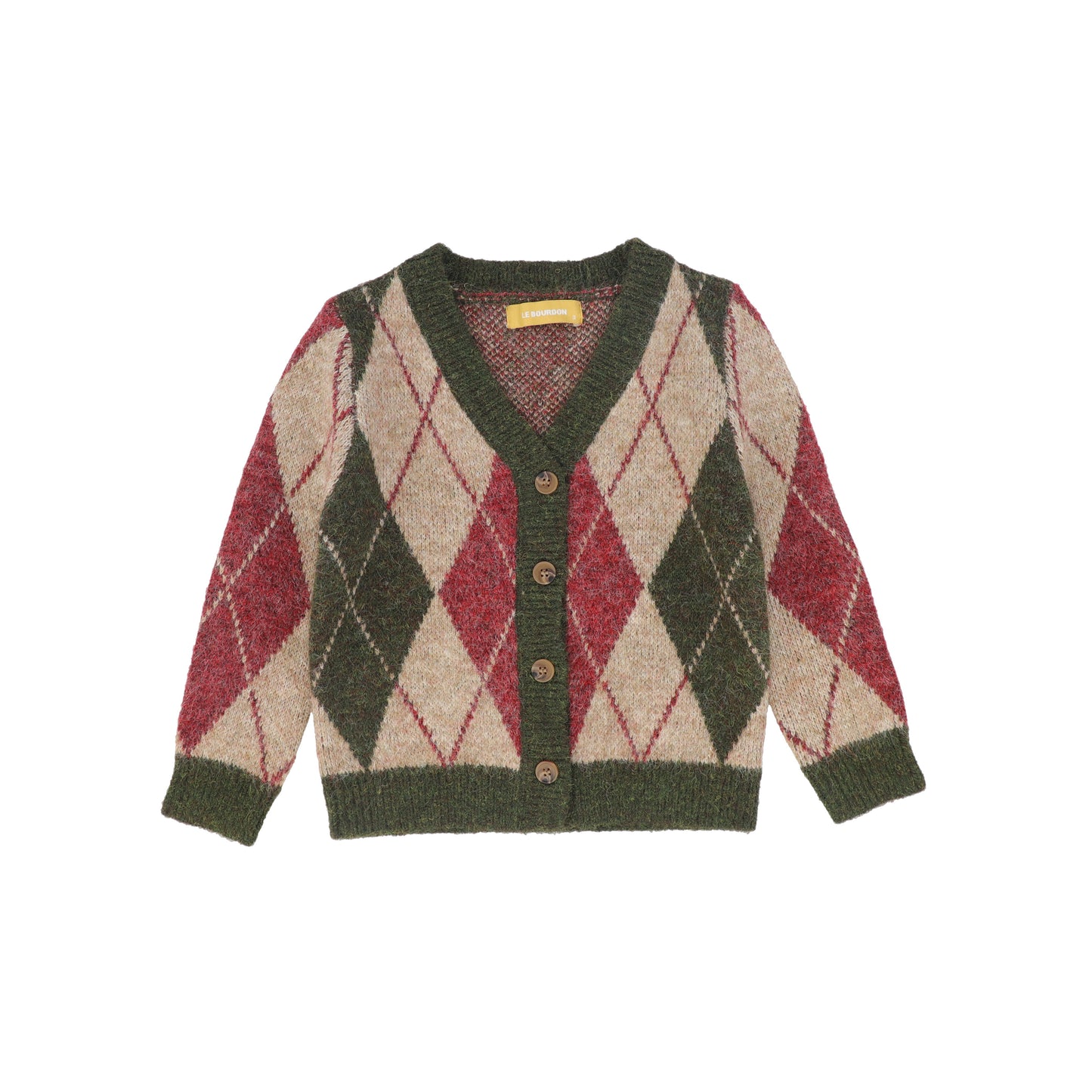 LE BOURDON OLIVE ARGYLE KNIT TRIM CARDIGAN