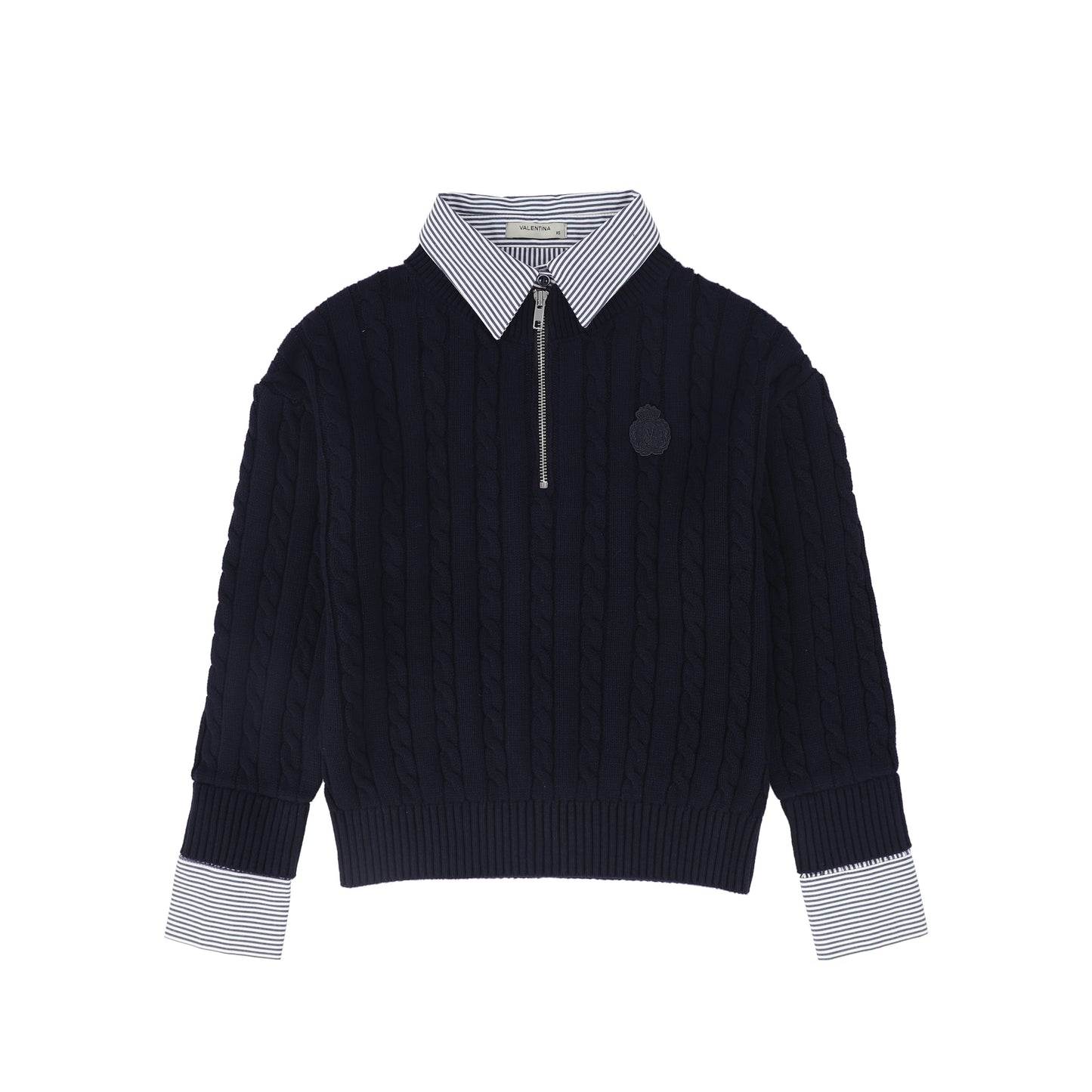 VALENTINA NAVY STRIPE COLLAR CABLE KNIT SWEATER