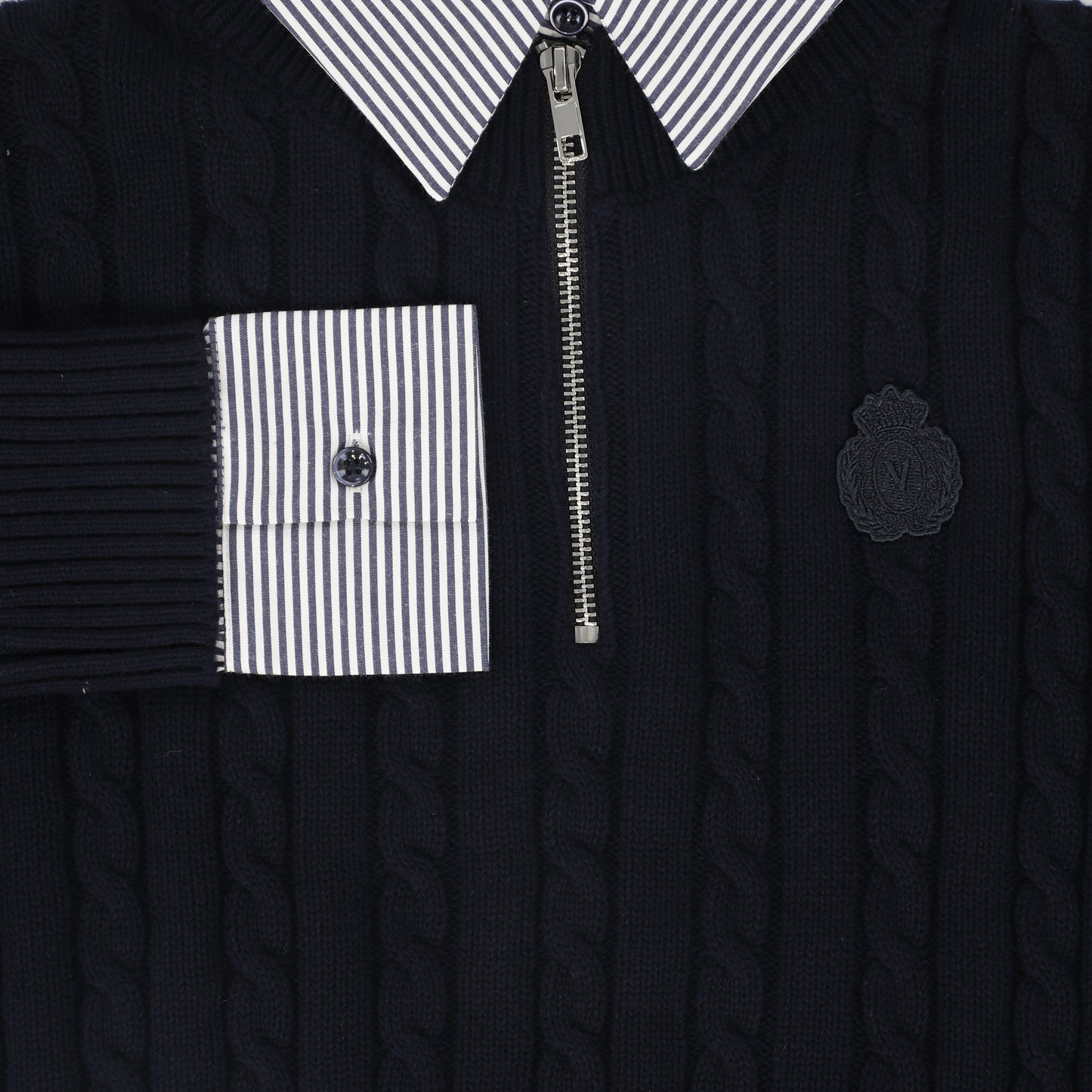 VALENTINA NAVY STRIPE COLLAR CABLE KNIT SWEATER