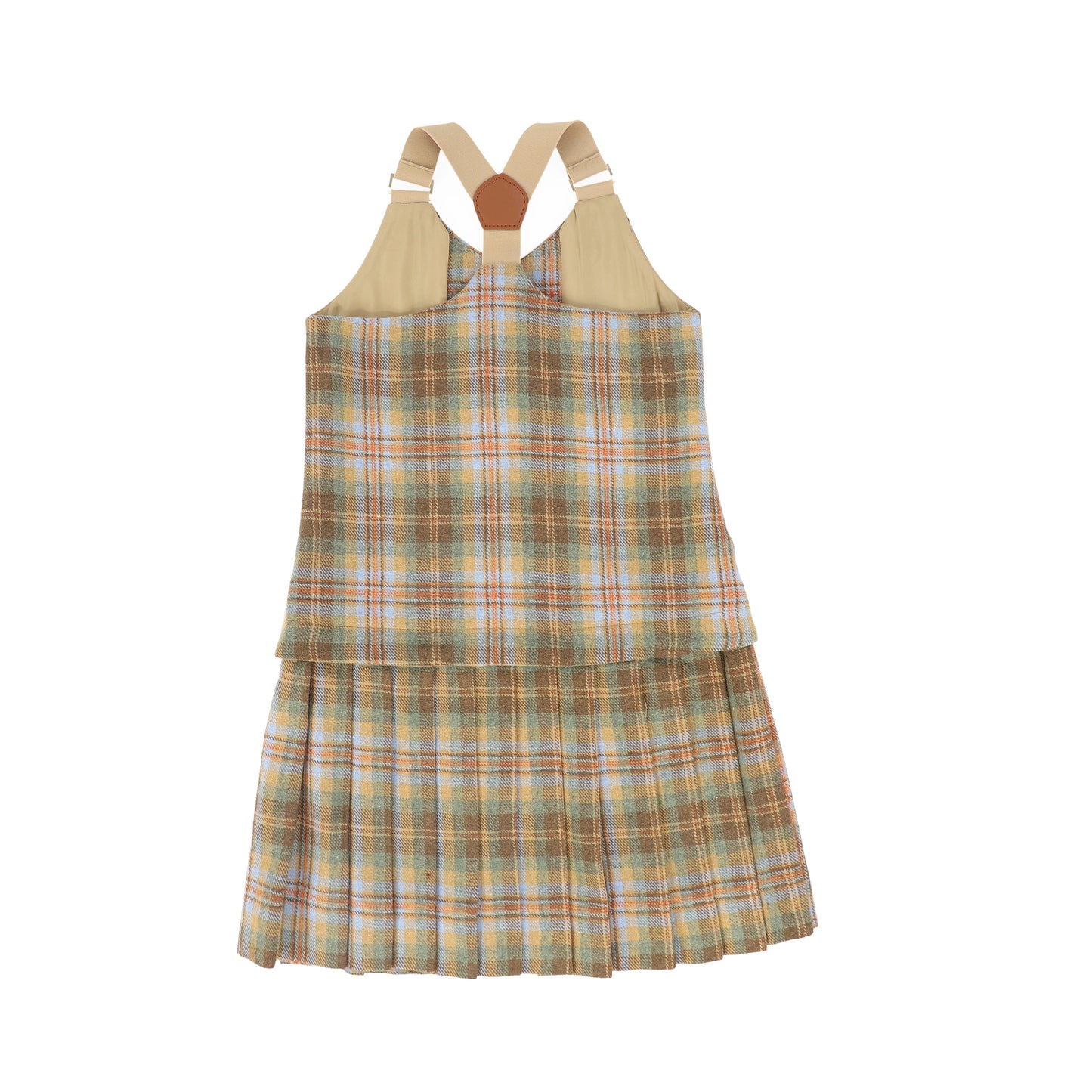 BACE COLLECTION CAMEL PLAID PLEATED VEST DRESS
