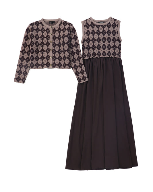 BAMBOO BURGUNDY ARGYLE CARDIGAN MAXI DRESS SET