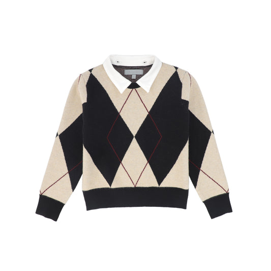 BACE COLLECTION BLACK COLLARED ARGYLE SWEATER