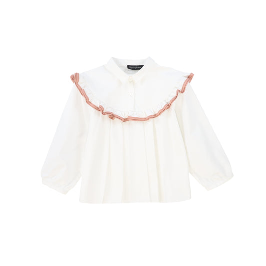 FRANCESCA GUILIANO WHITE/SALMON PIPED RUFFLE TRIM COLLAR BLOUSE