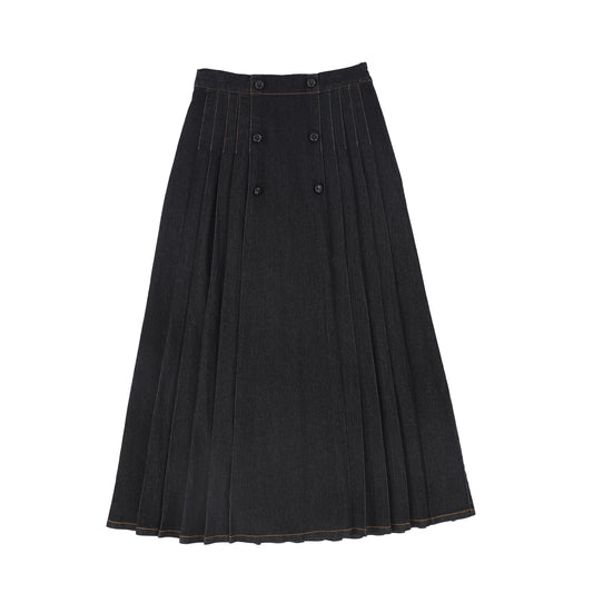 BACE COLLECTION BLACK DENIM PLEAT BUTTON MAXI SKIRT
