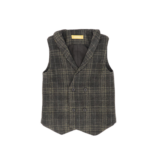 LE BOURDON OLIVE PLAID DOUBLE BREASTED VEST