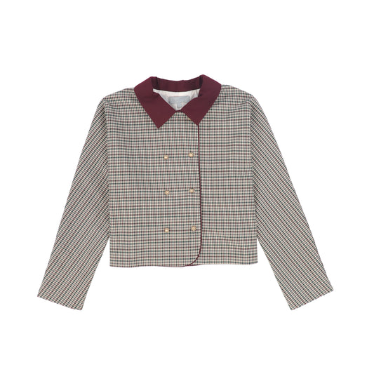 BACE COLLECTION BURGUNDY CHECKED WOOL SWING BLAZER
