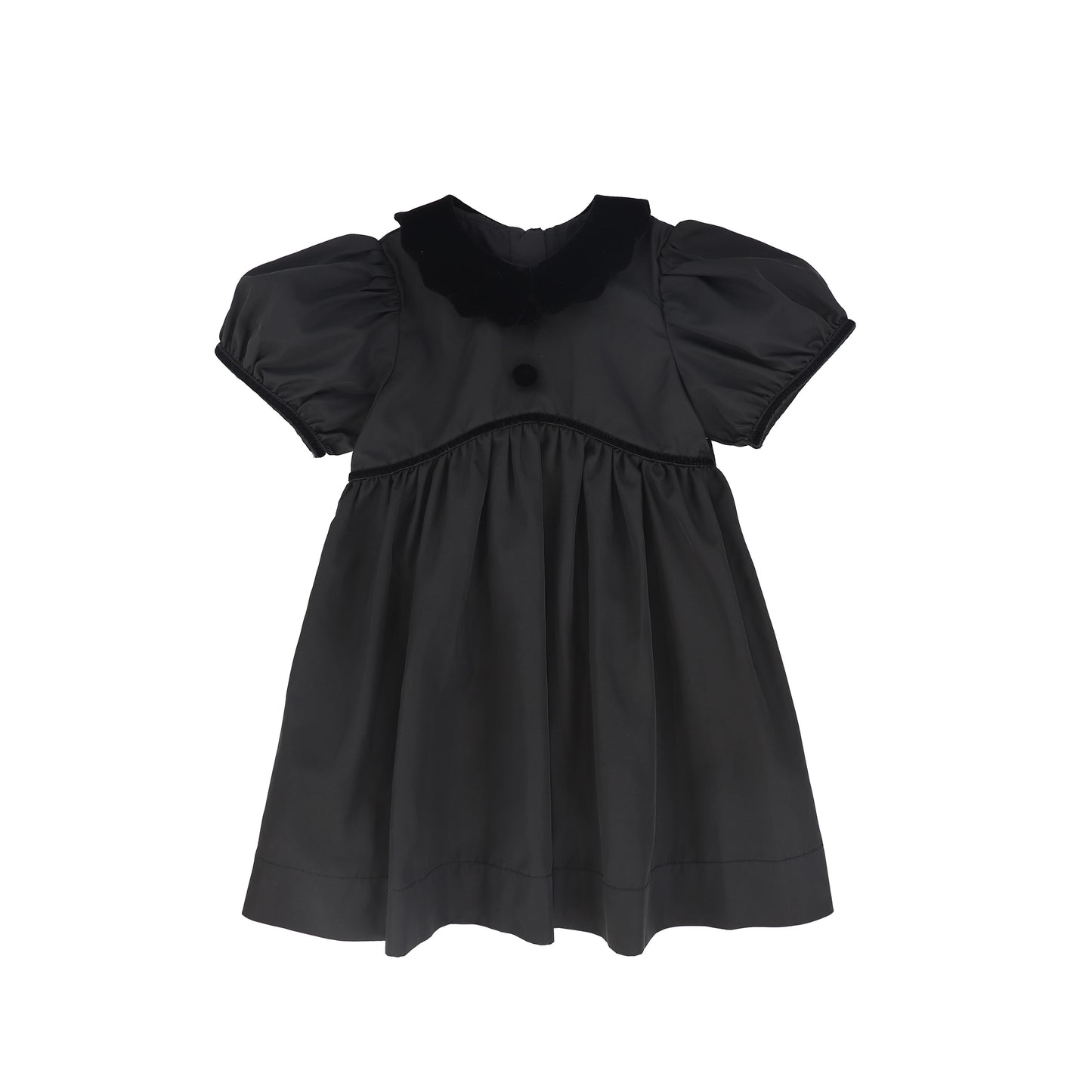 BAMBOO BLACK TAFFETA VELVET COLLAR PUFF SLEEVE DRESS