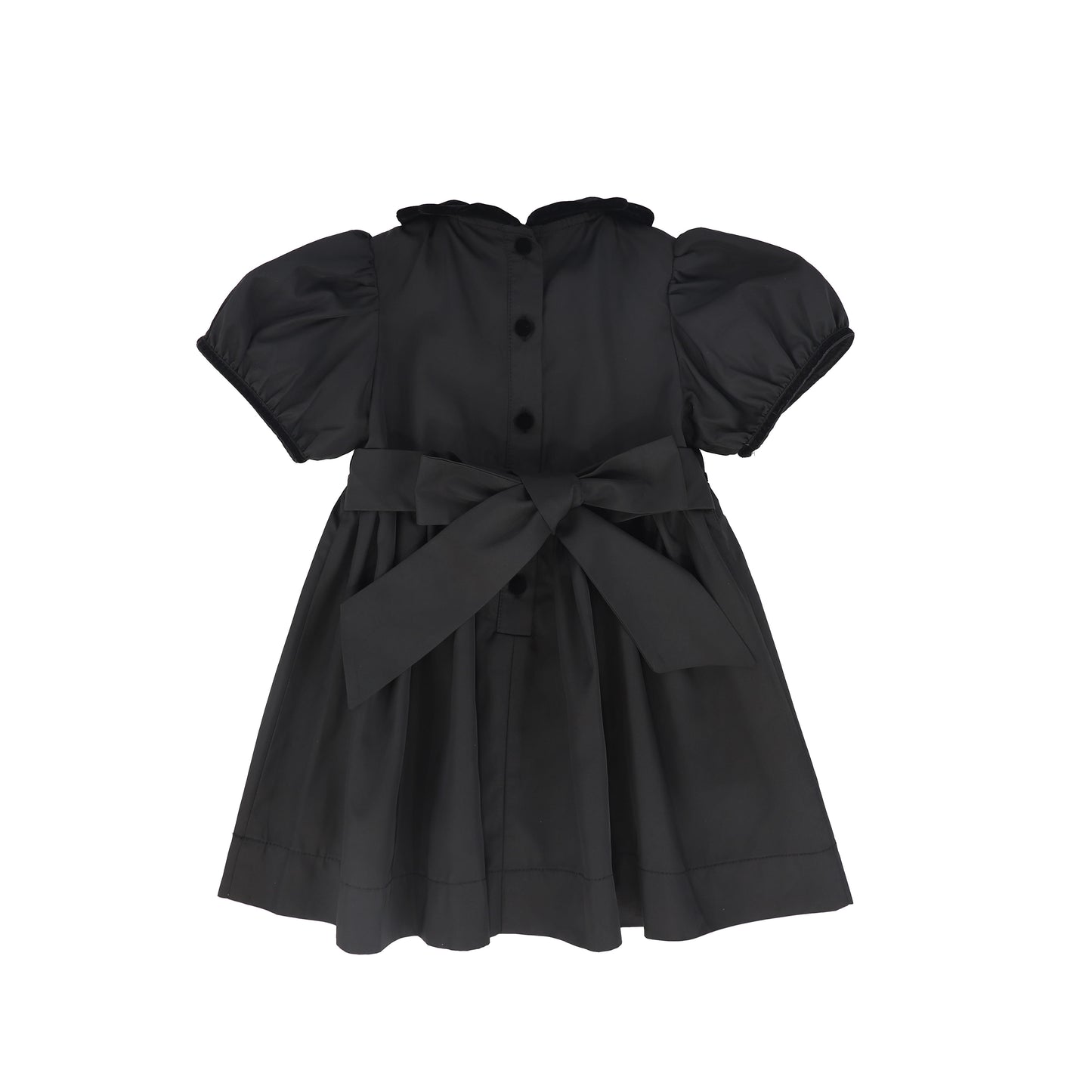BAMBOO BLACK TAFFETA VELVET COLLAR PUFF SHORT SLEEVE DRESS