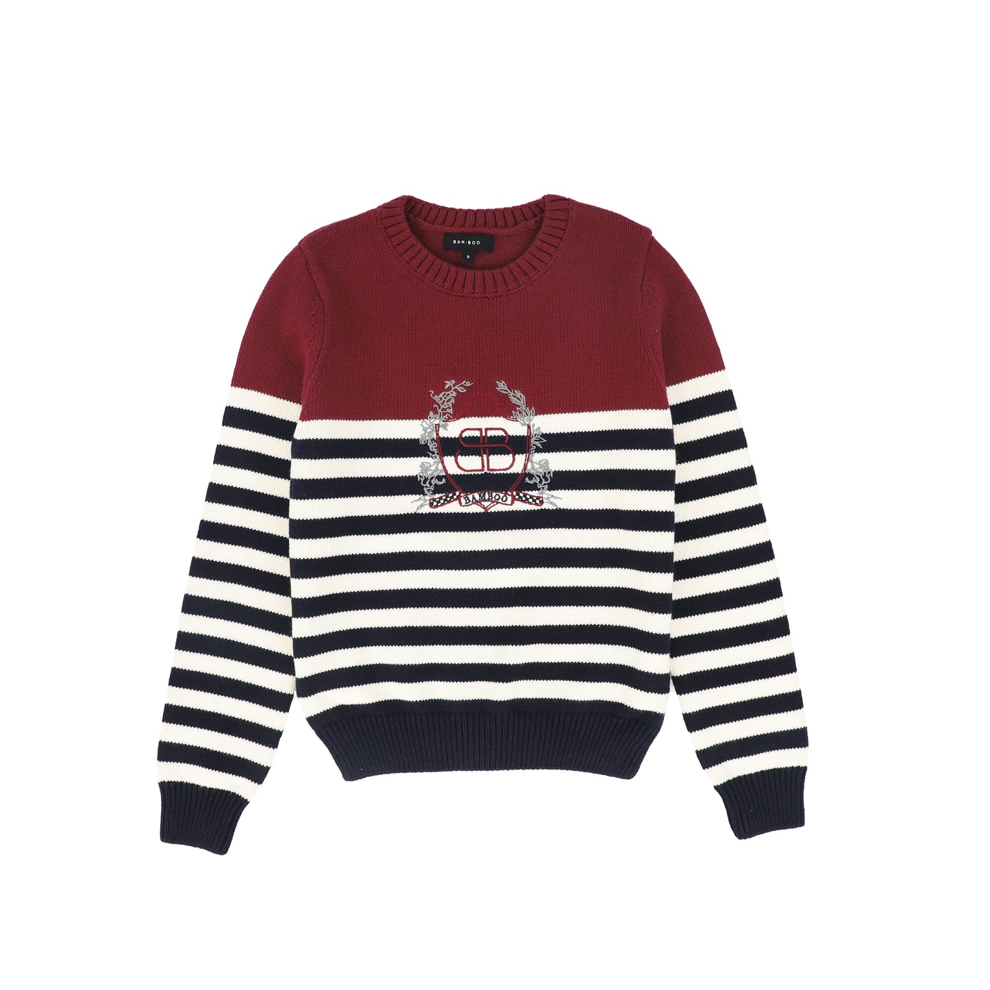 BAMBOO NAVY/WHITE RIBBED KNIT STRIPE CREST SWEATER