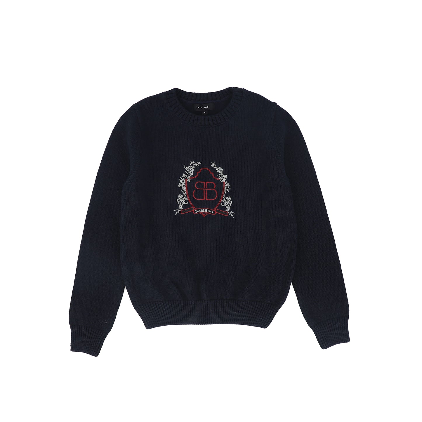BAMBOO NAVY RIBBED KNIT STRIPE CREST SWEATER