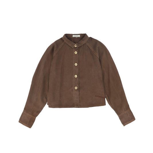 VALENTINA BROWN DENIM CONTRAST SEAM CROP BLOUSE