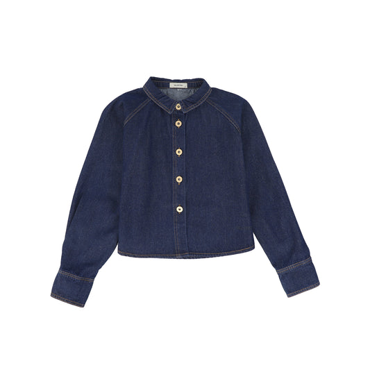 VALENTINA BLUE DENIM CONTRAST SEAM CROP BLOUSE