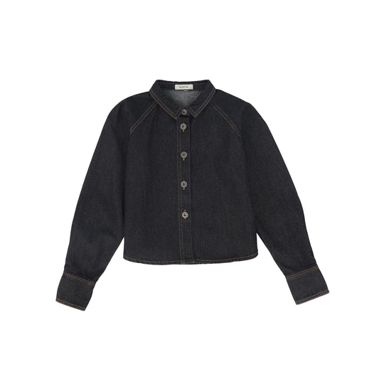 VALENTINA BLACK DENIM CONTRAST SEAM CROP BLOUSE