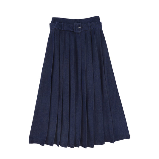 VALENTINA BLUE DENIM BUCKLE PLEATED MAXI SKIRT