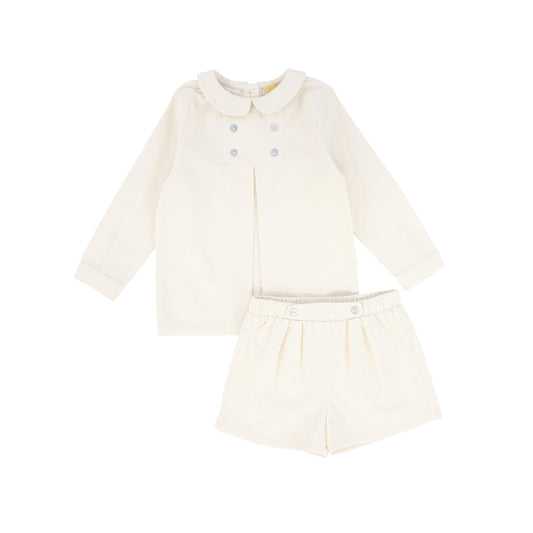 LE BOURDON CREAM COLLAR PLEAT BLOUSE SET