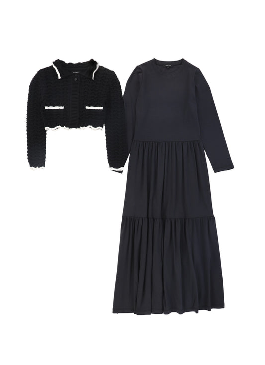 BAMBOO BLACK SCALLOP KNIT CARDIGAN MAXI DRESS