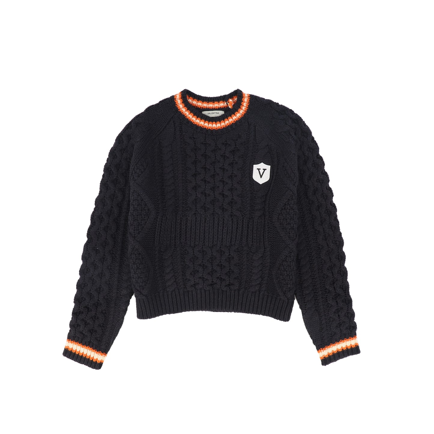 VALENTINA NAVY CABLE KNIT TRIM CREST SWEATER