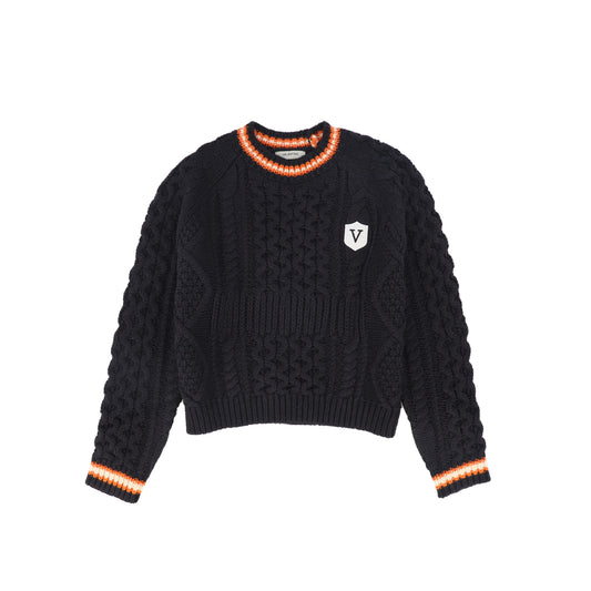 VALENTINA NAVY CABLE KNIT TRIM CREST SWEATER
