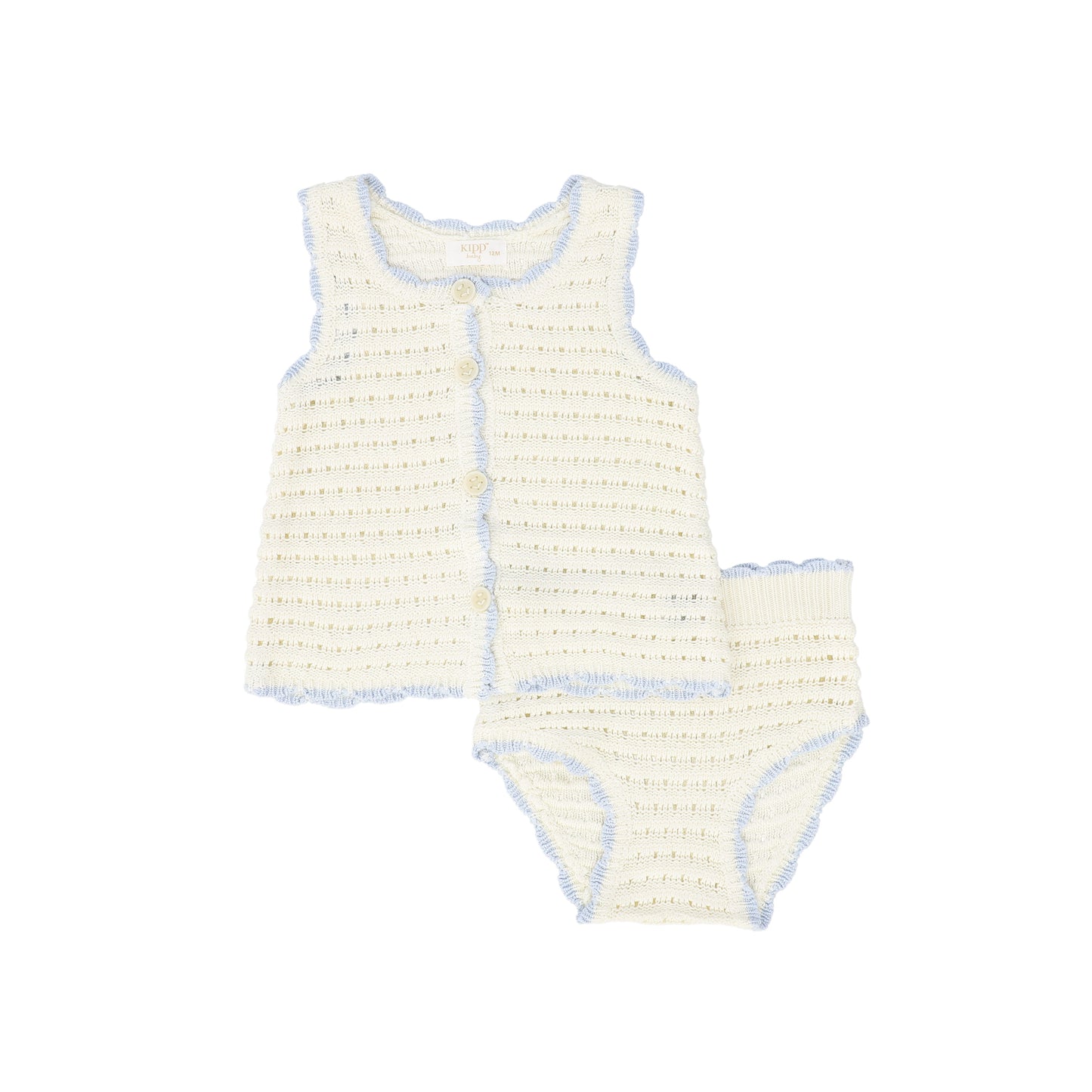 KIPP BEIGE/BLUE TRIM CHUNKY KNIT BLOOMER SET