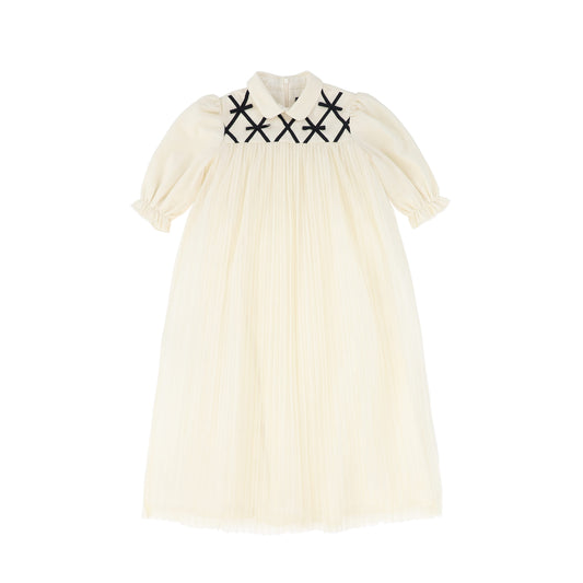 FRANCESCA GUILIANO CREAM/BLACK LATTICE PUFF SLEEVE DRESS