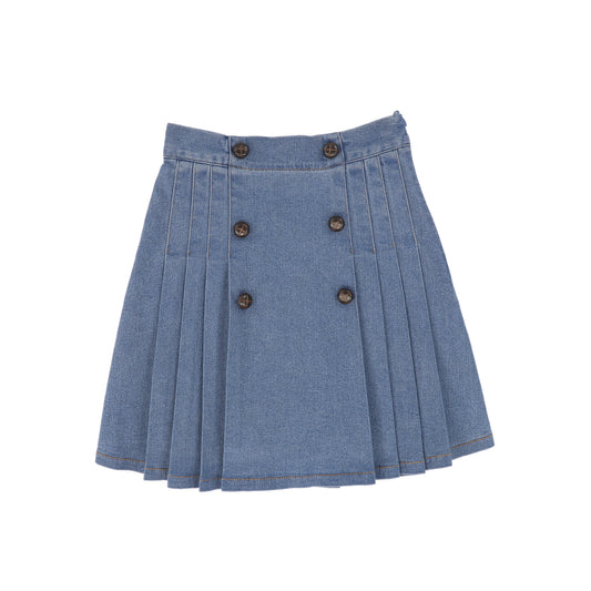 BACE COLLECTION LIGHT BLUE DENIM PLEATED BUTTON SKIRT