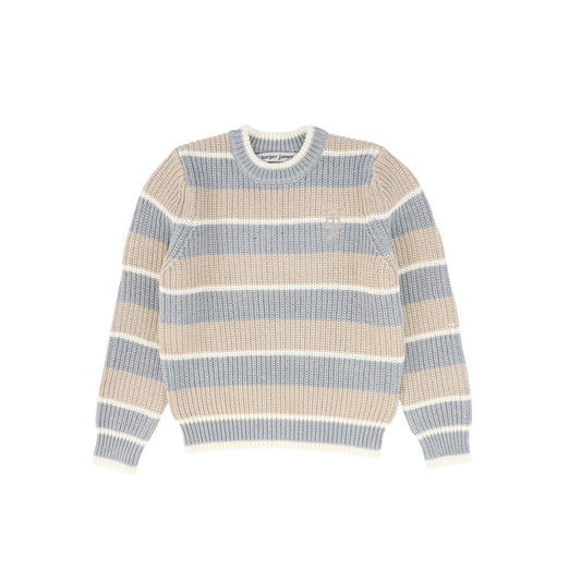 HARPER JAMES BLUE/BEIGE WIDE STRIPE CHUNKY KNIT SWEATER