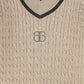 BAMBOO BEIGE CABLE-KNIT STRIPE TRIM SWEATER