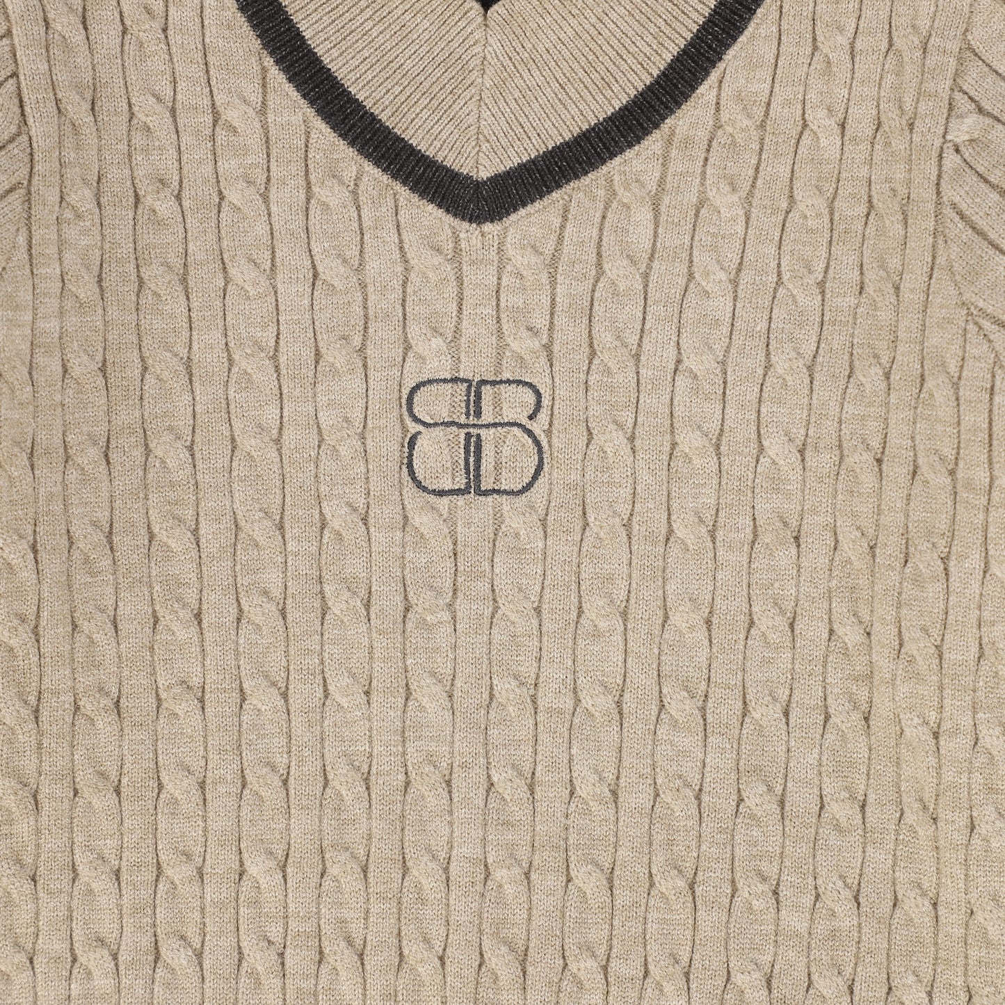 BAMBOO BEIGE CABLE-KNIT STRIPE TRIM SWEATER