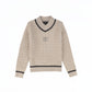 BAMBOO BEIGE CABLE-KNIT STRIPE TRIM SWEATER