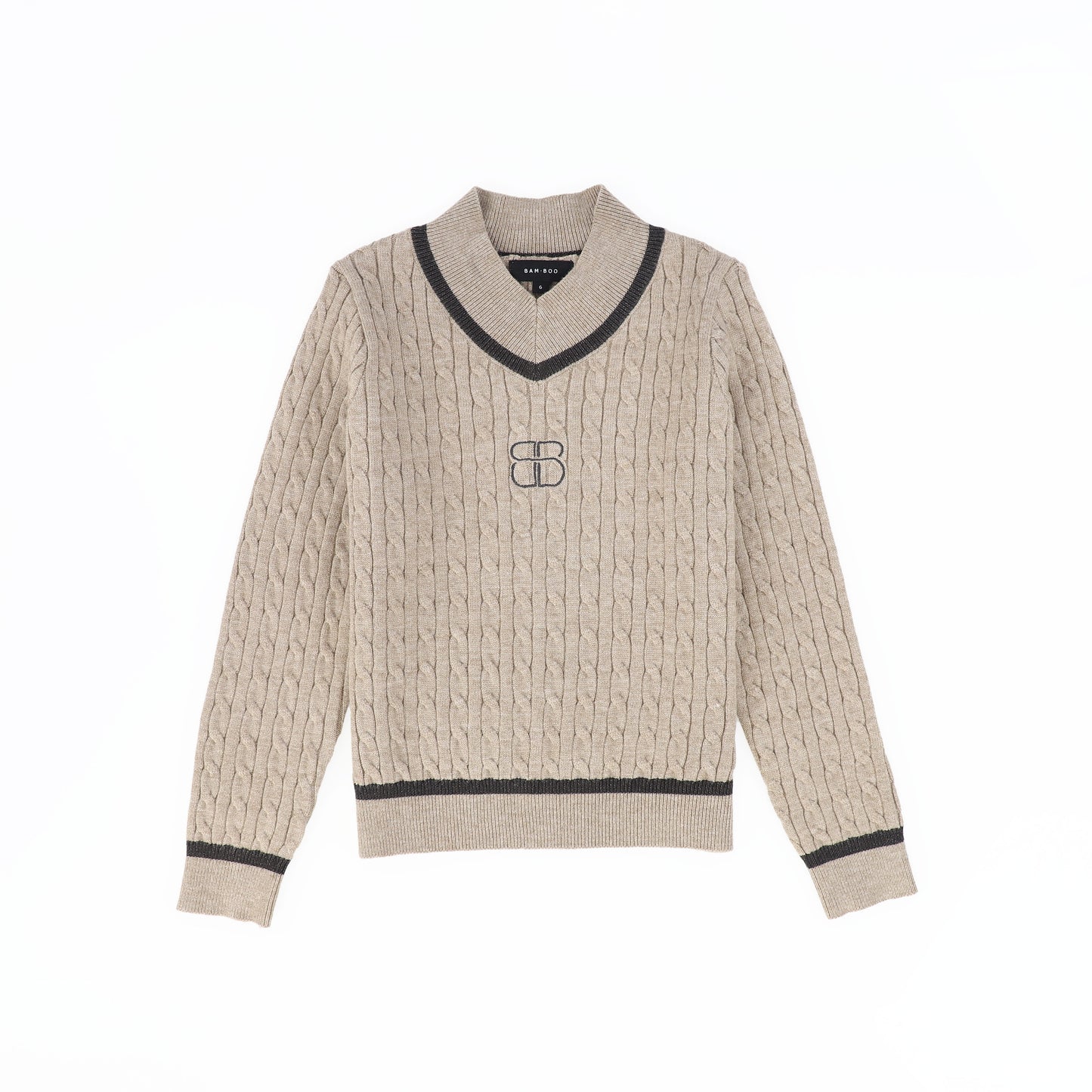 BAMBOO BEIGE CABLE-KNIT STRIPE TRIM SWEATER