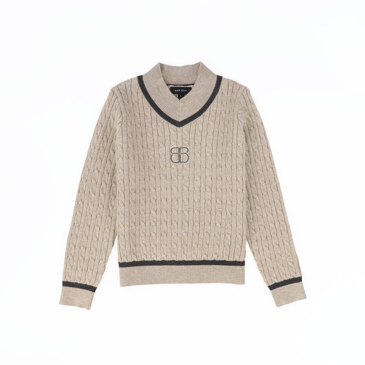 BAMBOO BEIGE CABLE-KNIT STRIPE TRIM SWEATER