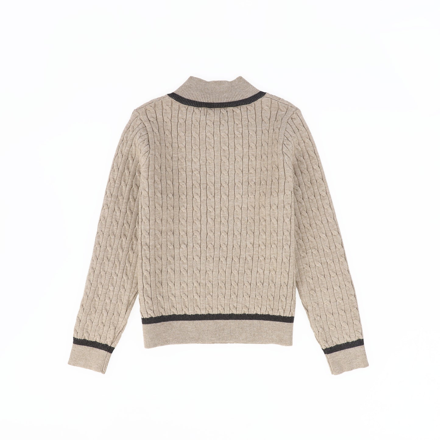 BAMBOO BEIGE CABLE-KNIT STRIPE TRIM SWEATER