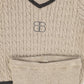 BAMBOO BEIGE CABLE-KNIT STRIPE TRIM SWEATER SET