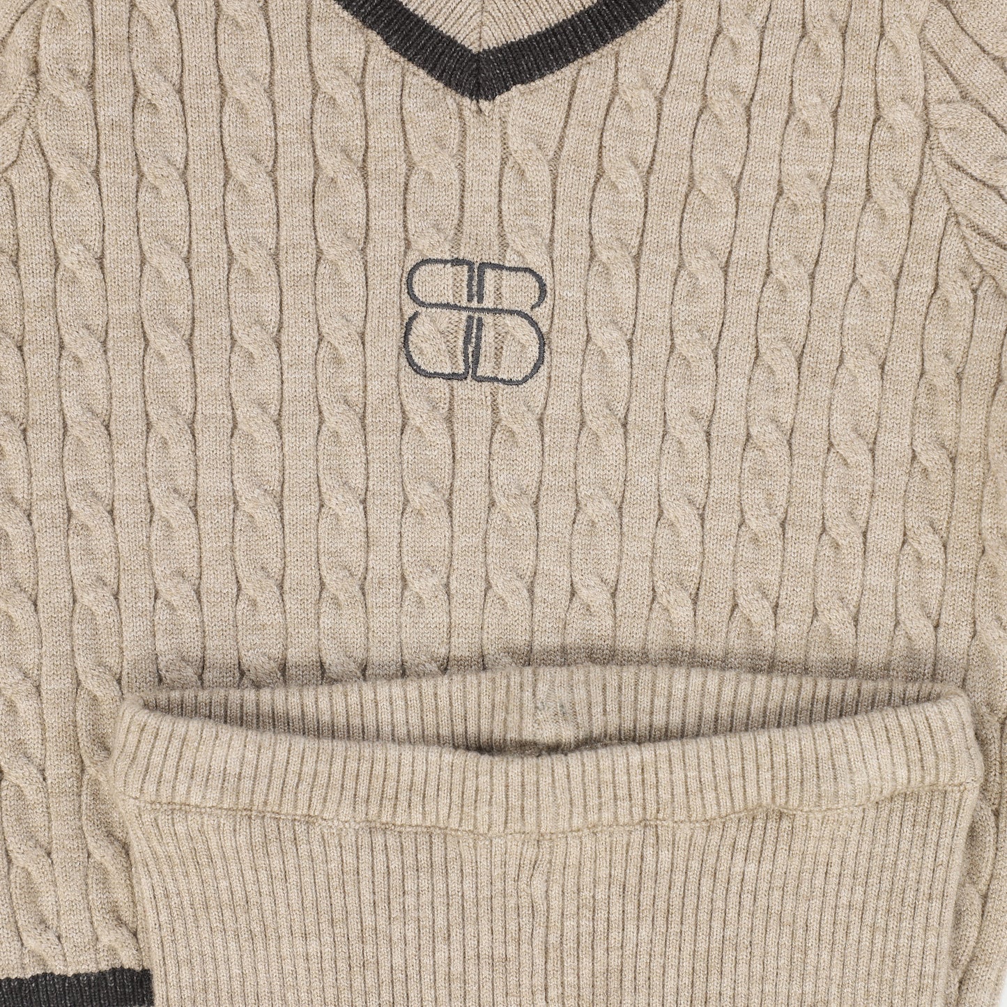 BAMBOO BEIGE CABLE-KNIT STRIPE TRIM SWEATER SET