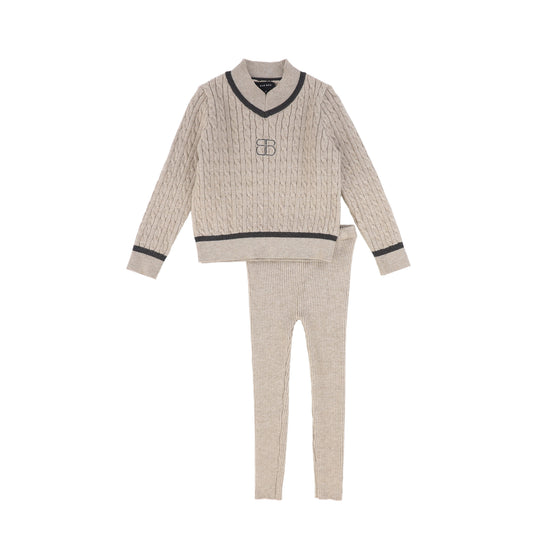 BAMBOO BEIGE CABLE-KNIT STRIPE TRIM SWEATER SET