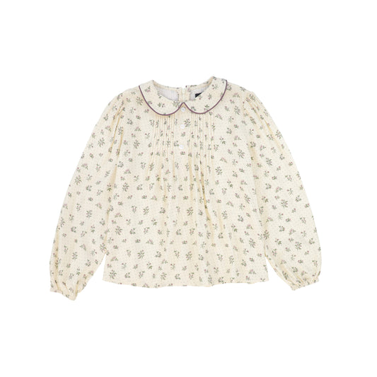 BAMBOO CREAM/BURGUNDY FLORAL PRINT PLEAT BLOUSE