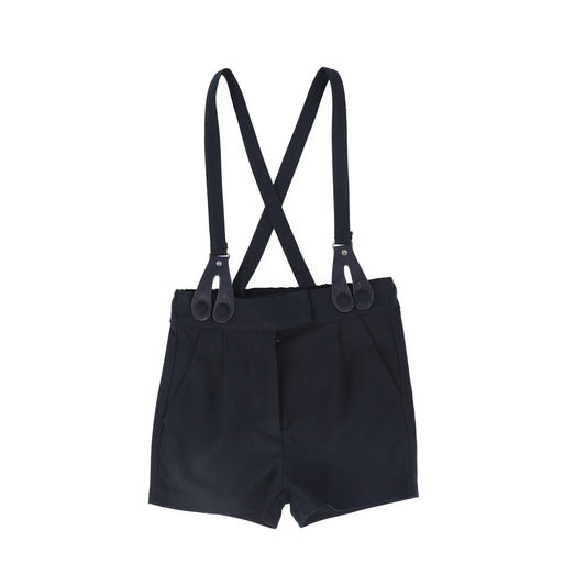 BACE COLLECTION NAVY LEATHER DETAIL SUSPENDER SHORTS