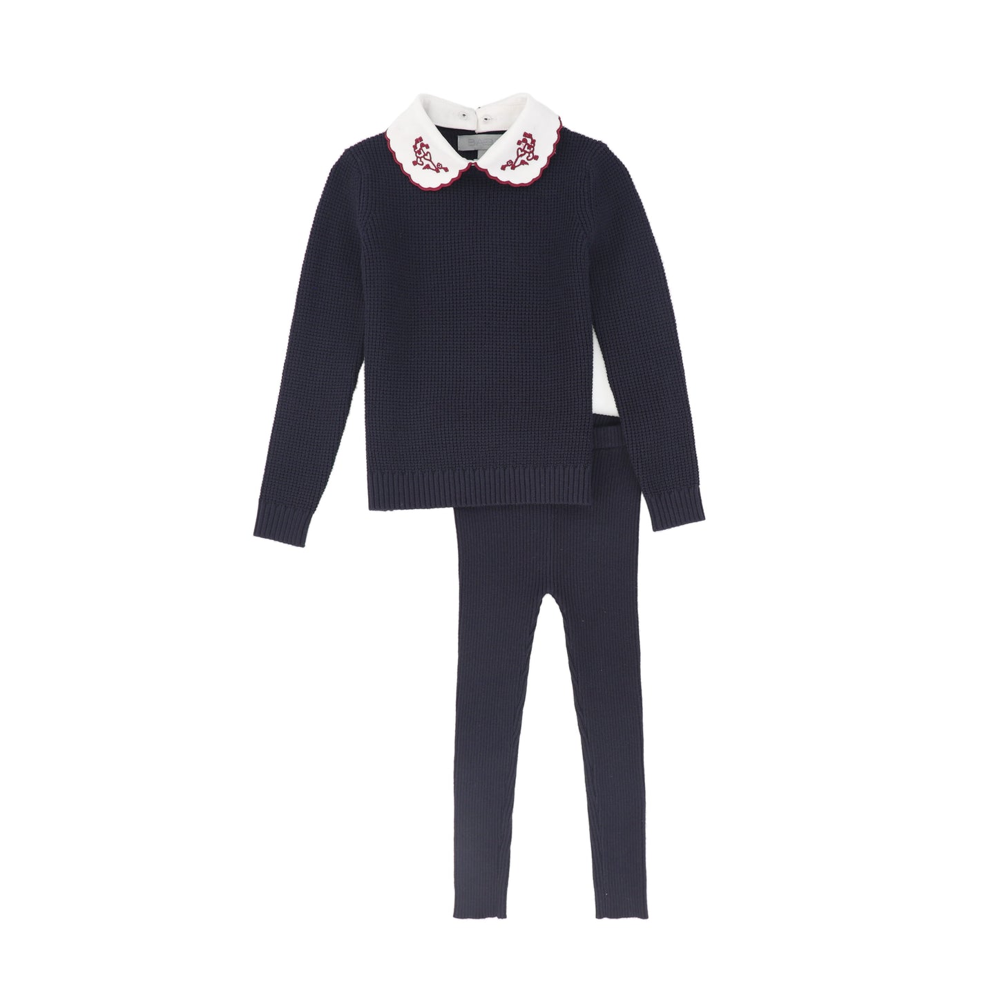 BACE COLLECTION NAVY TEXTURED EMBROIDERED COLLAR SWEATER SET