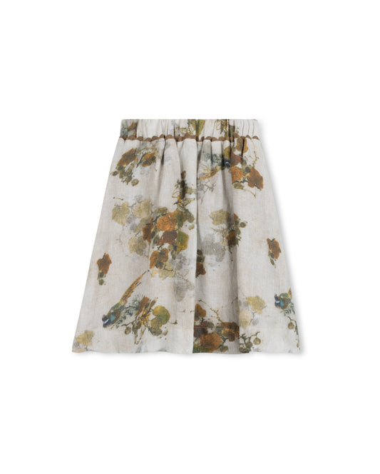 ONE CHILD BROWN/GREEN  FLORAL LINEN SCALLOP TRIM SKIRT