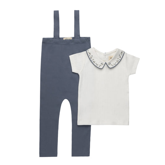 ELYS & CO IVORY/BLUE FLORAL EMBROIDERED OVERALL SET