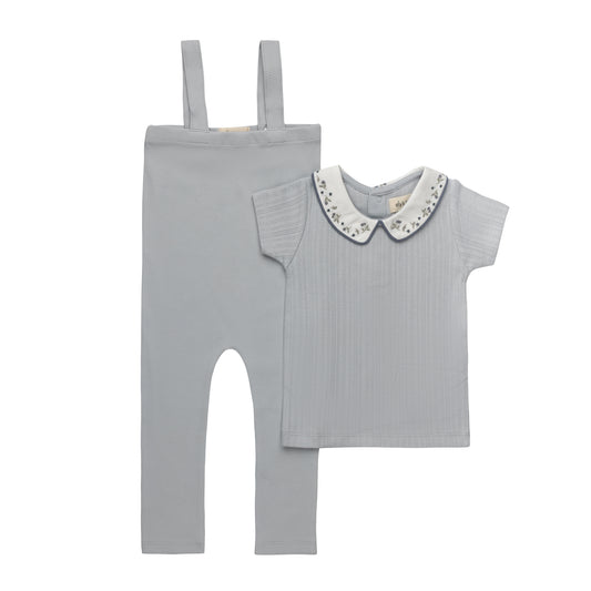 ELYS & CO BLUE FLORAL EMBROIDERED OVERALL SET