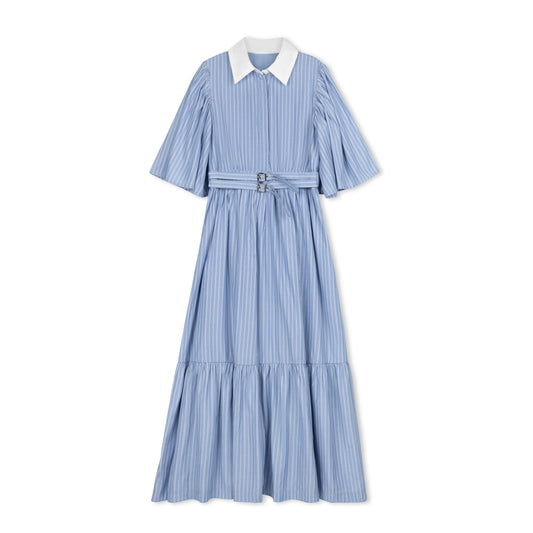 DAINTTI COLLECTION BLUE STRIPED BELTED MIDI DRESS