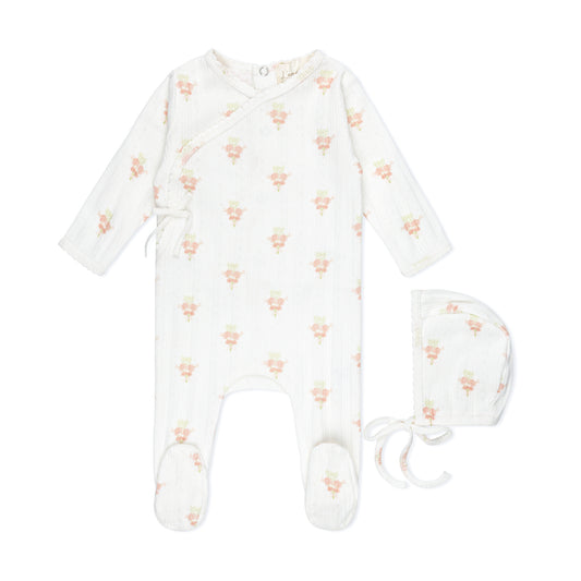 LAMOUR LOU PINK FLOWER BOUQUET POINTELLE FOOTIE + BONNET