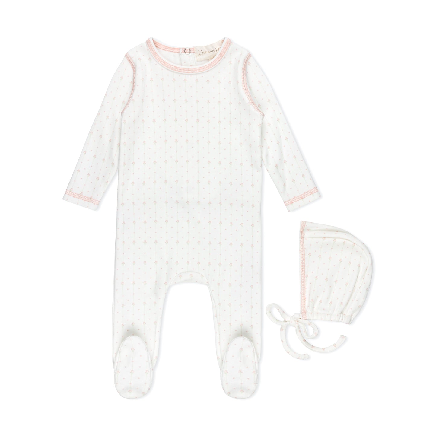 LAMOUR LOU PINK STRIPE FLORAL FOOTIE + BONNET