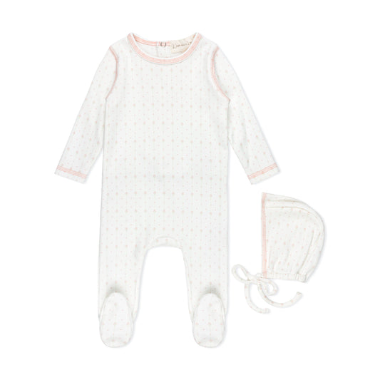 LAMOUR LOU PINK STRIPE FLORAL FOOTIE + BONNET