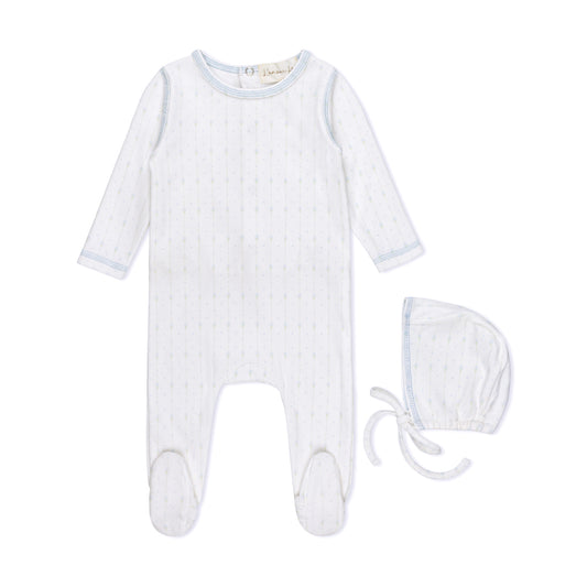 LAMOUR LOU BLUE STRIPE FLORAL FOOTIE + BONNET