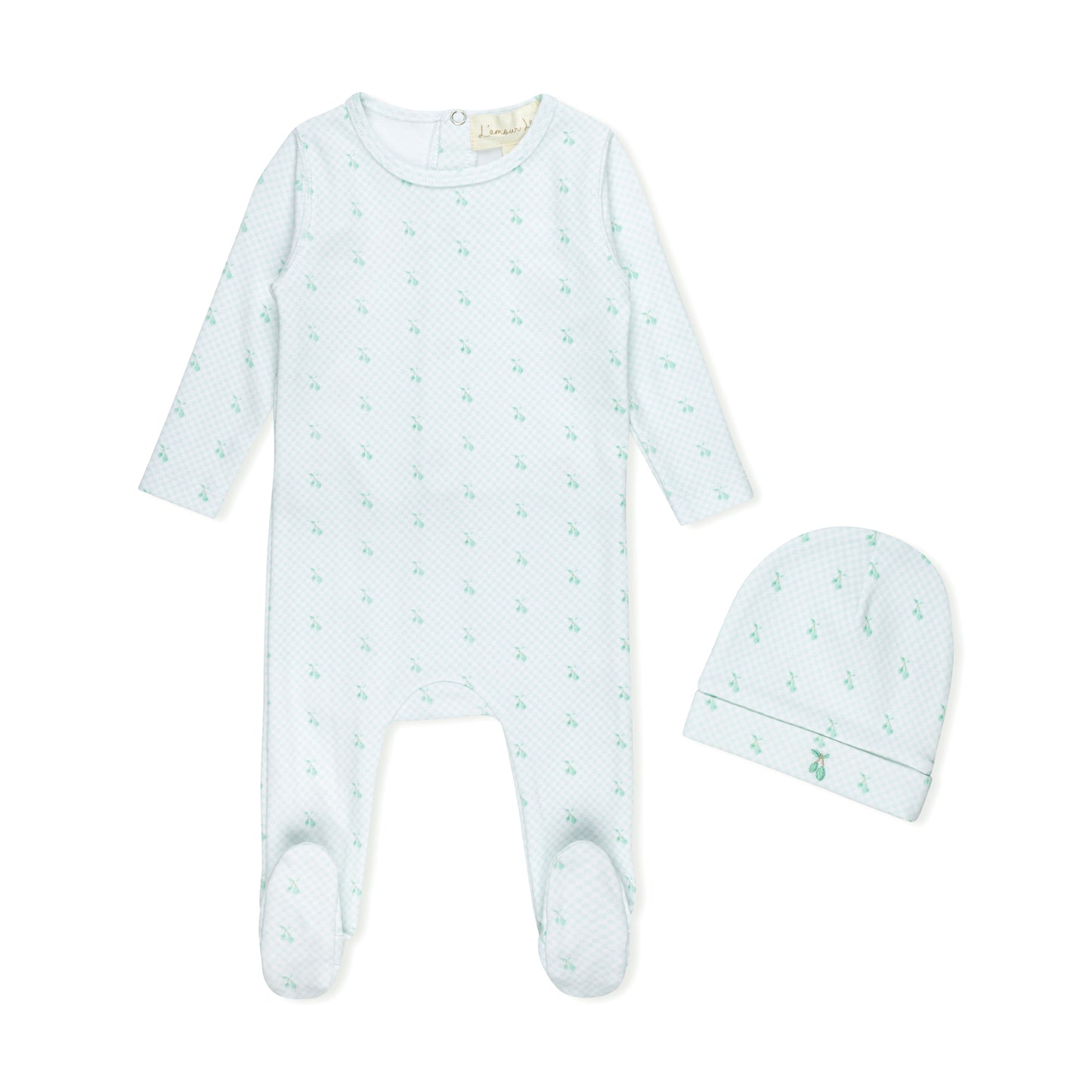 LAMOUR LOU MINT CHECKED CHERRY FOOTIE + BEANIE