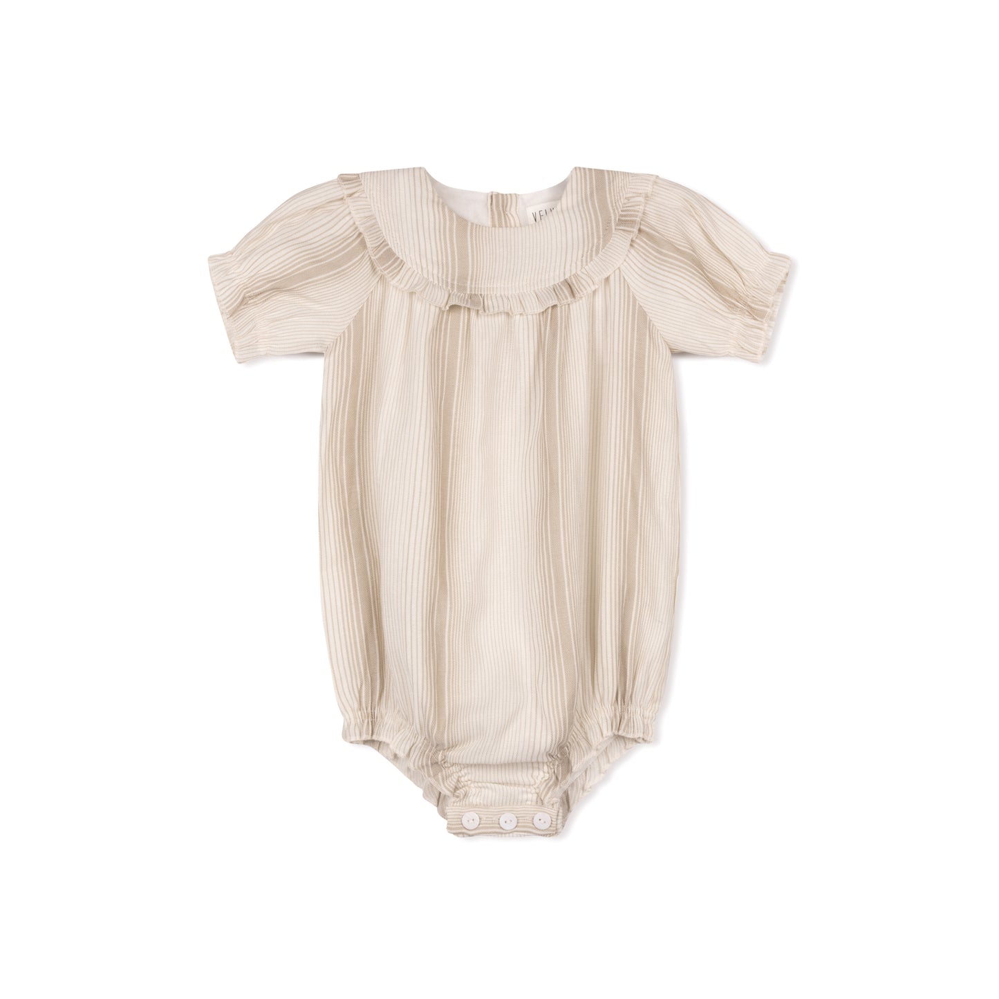 VELVETTE LABEL BEIGE/WHITE STRIPE RUFFLE ROMPER