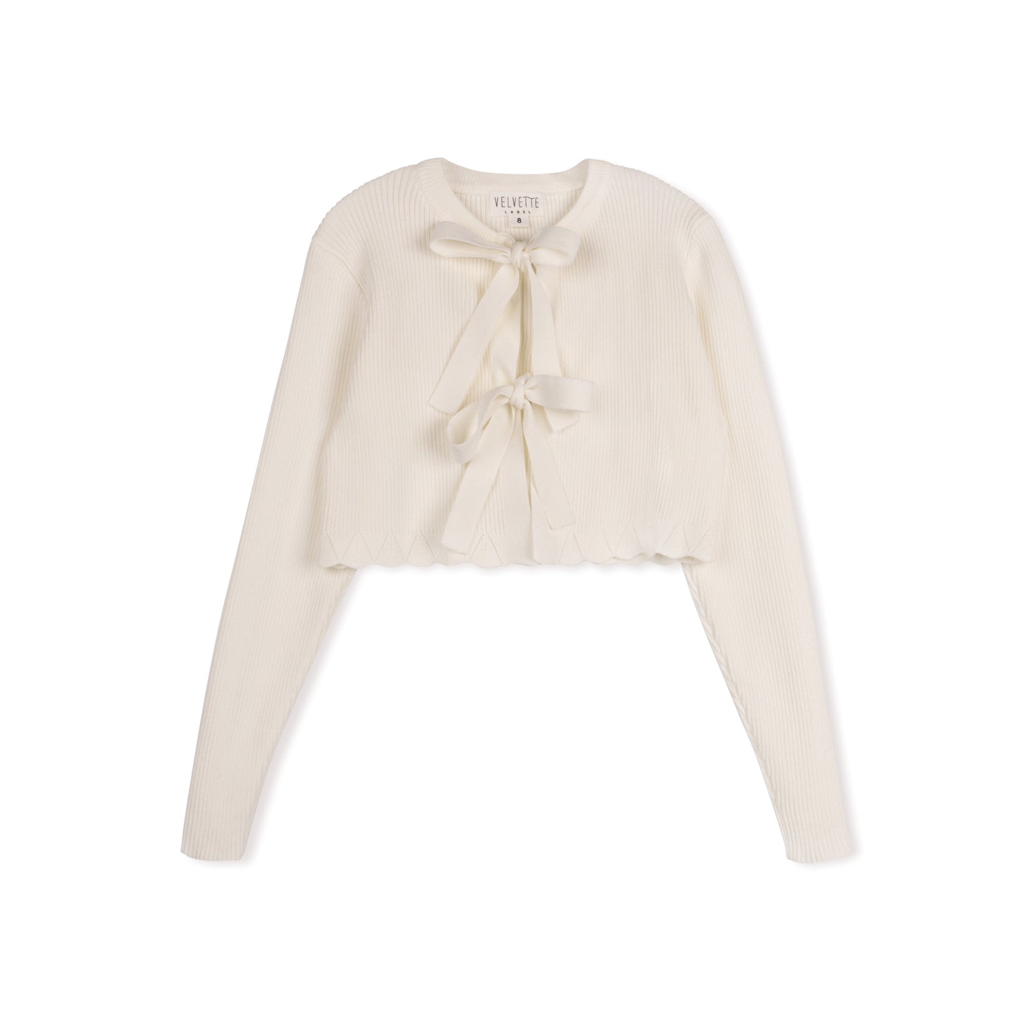 VELVETTE LABEL IVORY RIBBED SCALLOP TIE CARDIGAN