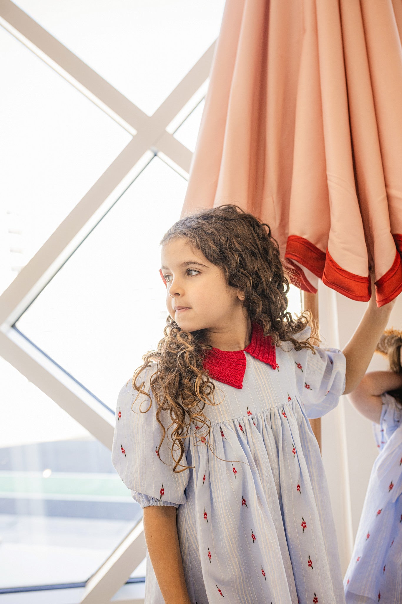 LIMONANA LIGHT BLUE/RED CROCHET COLLAR DRESS
